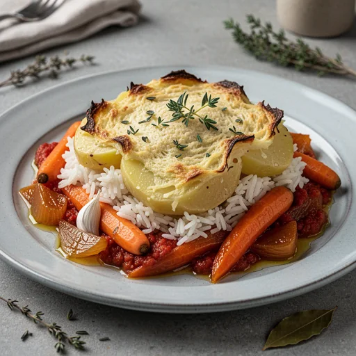 Rustic Rice & Potato Gratin with Tomato-Carrot Confit finished dish
