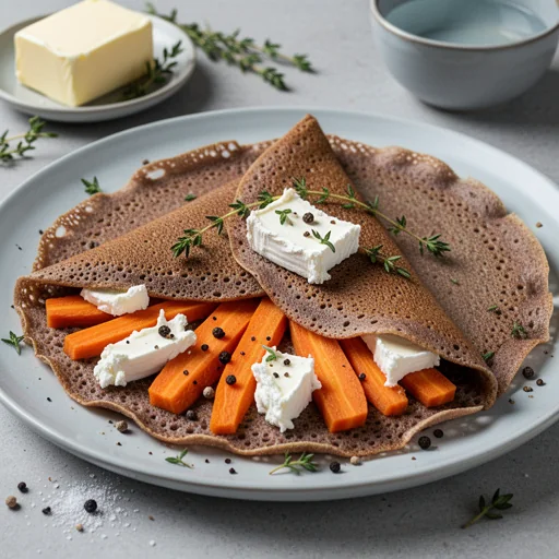 Galettes Complètes aux Carottes et Chèvre (Savory Buckwheat Crêpes with Carrots and Goat Cheese) finished dish