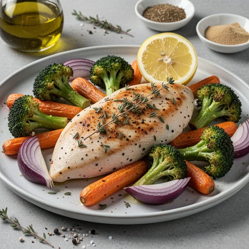 Sheet Pan Lemon Herb Chicken and Roasted Vegetables finished dish