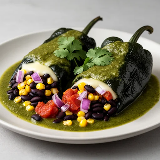 Chiles Poblanos Rellenos Vegetarianos con Salsa Verde finished dish