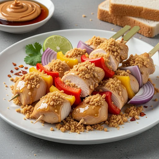 Thai-Inspired Peanut Chicken Skewers with Honey-Peanut Bread Crumble finished dish