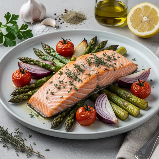 One-Pan Lemon Herb Salmon with Roasted Veggies finished dish