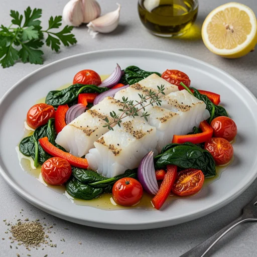 Mediterranean Baked Cod with Tomato and Spinach finished dish