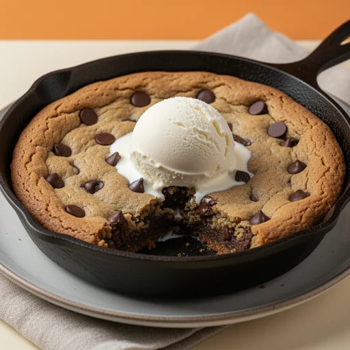 Warm Deep Dish Chocolate Chip Cookie Skillet finished dish