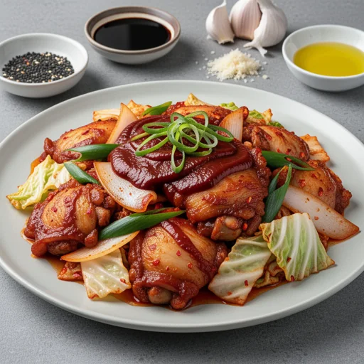 Spicy Korean Dakgalbi (Stir-fried Chicken) finished dish