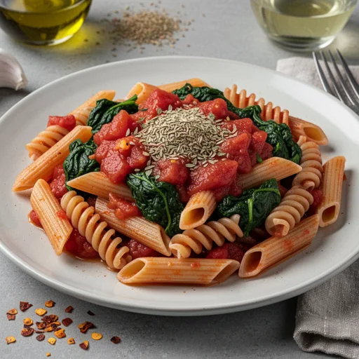 Hearty Pantry Tomato & Spinach Pasta finished dish