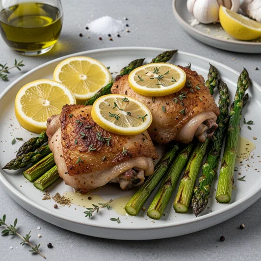 Crispy Air-Fried Lemon Herb Chicken Thighs with Roasted Asparagus finished dish