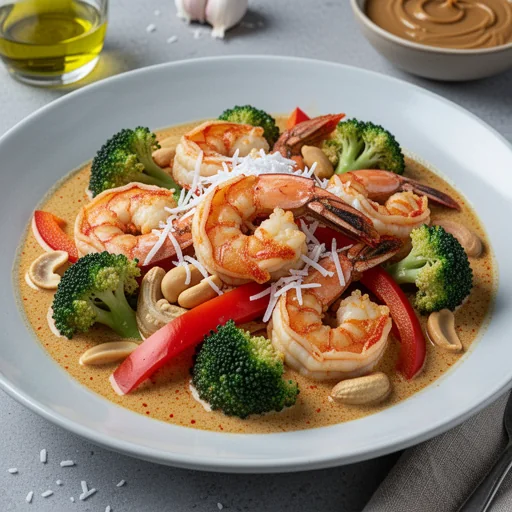 Caril de Camarão e Brócolos com Amendoim e Coco (Shrimp & Broccoli Peanut Coconut Curry) finished dish
