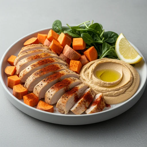 Speedy Chicken & Sweet Potato Power Bowls with Creamy Hummus Dressing finished dish