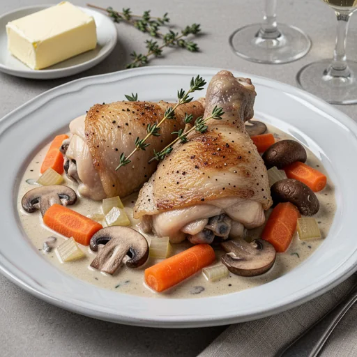 Poulet Vallée d'Auge (Creamy French Chicken with Mushrooms and Carrots) finished dish