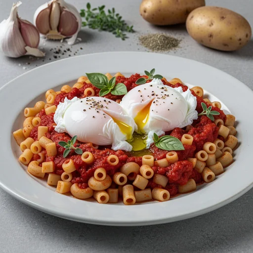 Hearty Italian Tomato-Potato Breakfast Pasta with Poached Eggs finished dish