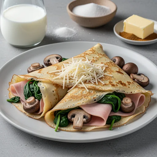 Savory Ham, Spinach & Mushroom Crepes finished dish