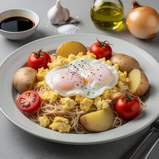 Sunrise Scramble Noodle Bowl with Tomato & Potato finished dish