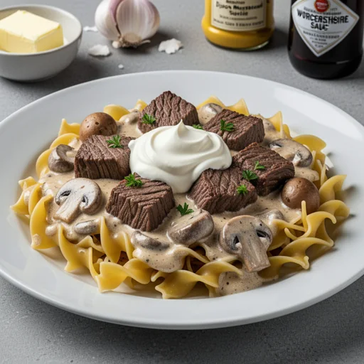 Classic Creamy Beef Stroganoff with Egg Noodles finished dish