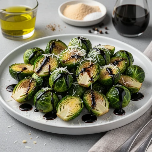 Air-Fried Garlic Parmesan Brussels Sprouts with Balsamic Glaze finished dish