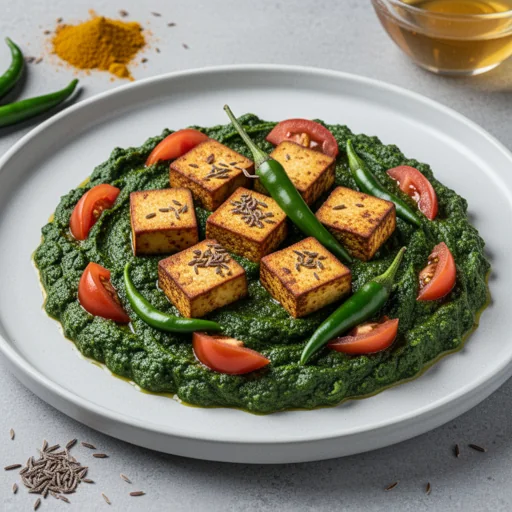 Indian Spiced Palak Tofu with Tomatoes finished dish