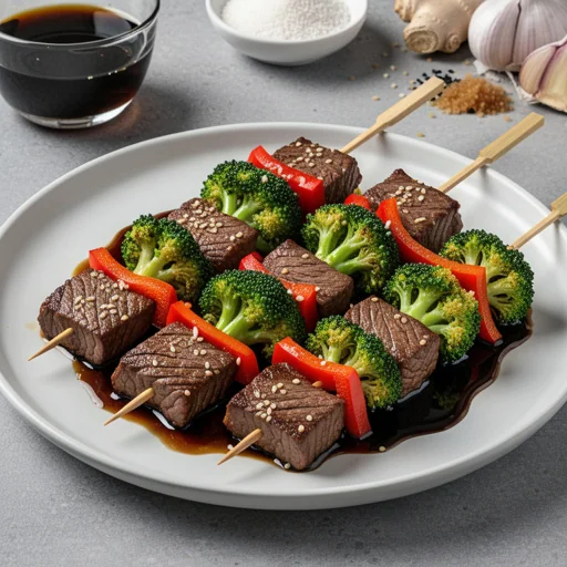Speedy Beef & Broccoli Skewers finished dish