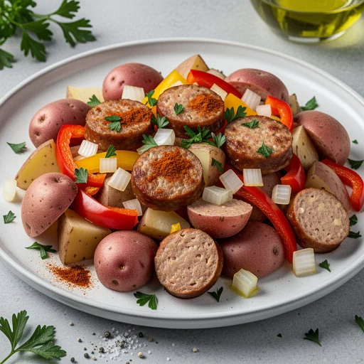 Sheet Pan Sausage & Potato Hash finished dish