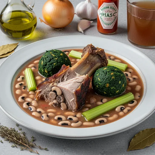Smoked Turkey Neck & Black-Eyed Pea Soup with Callaloo Dumplings finished dish