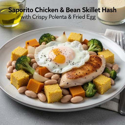 Saporito Chicken & Bean Skillet Hash with Crispy Polenta & Fried Egg finished dish