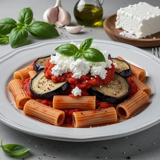 Pasta alla Norma (Sicilian Eggplant and Ricotta Salata Pasta) finished dish