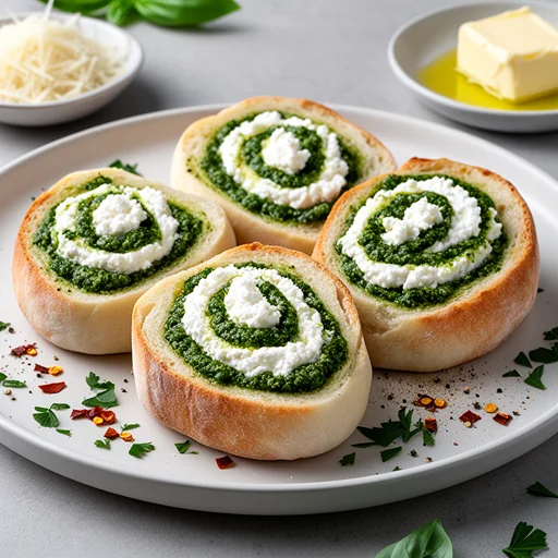 Pesto Genovese & Ricotta Stuffed Garlic Bread Pinwheels finished dish