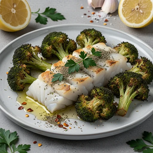 One-Pan Lemon Garlic Cod with Roasted Broccoli finished dish