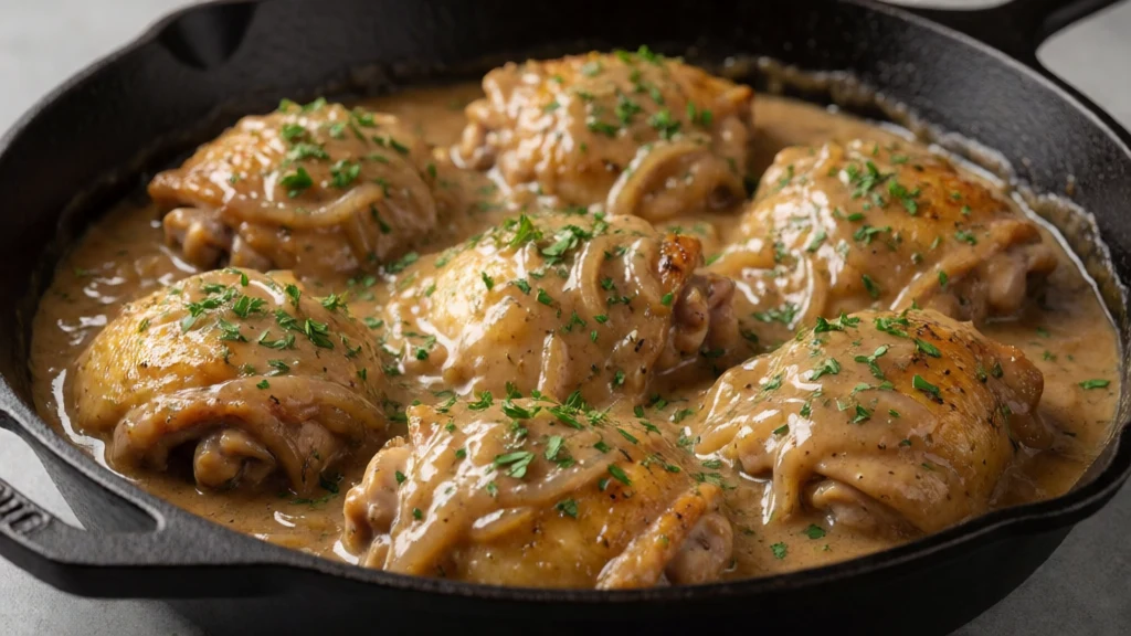 Skillet Smothered Chicken with Onion Gravy finished dish
