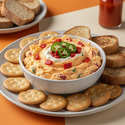 Homemade Pimento Cheese Dip with Crackers finished dish