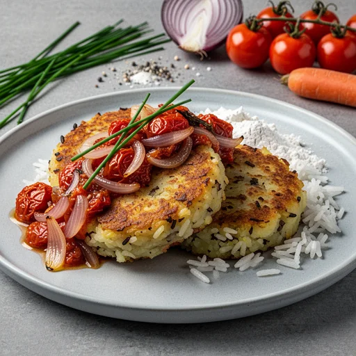 Golden Rice & Potato Patties with Roasted Tomato & Onion Relish finished dish