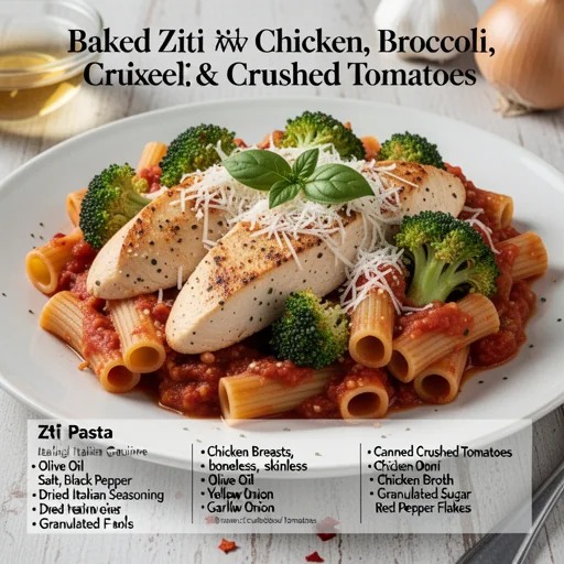 Baked Ziti with Chicken, Broccoli & Crushed Tomatoes finished dish
