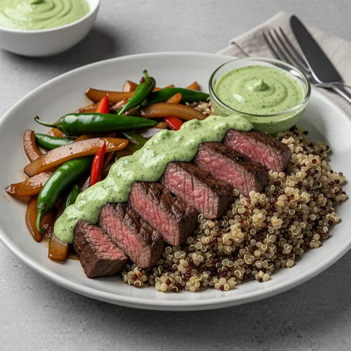Lomo Saltado-Inspired Quinoa Bowls with Creamy Aji Verde finished dish