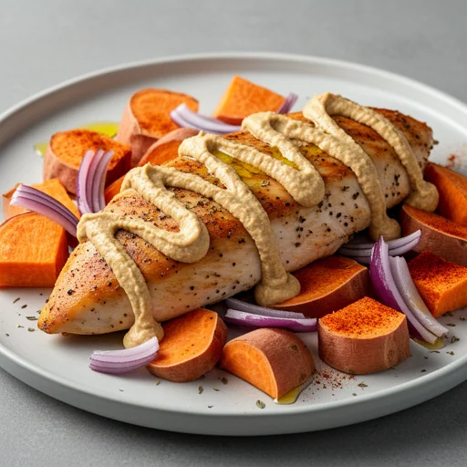 Mediterranean Sheet Pan Chicken & Sweet Potatoes with Hummus Drizzle finished dish