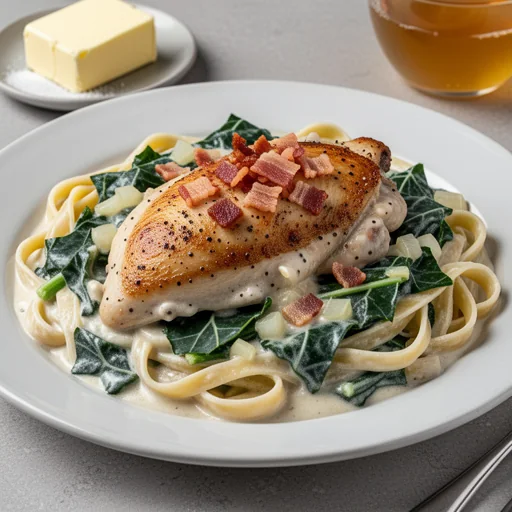 Creamy Chicken & Collard Green Alfredo finished dish