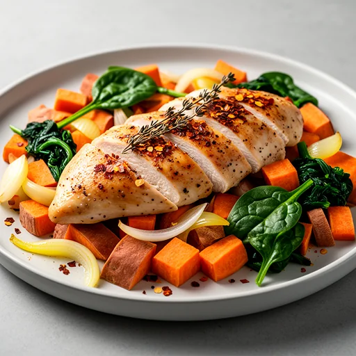 Zesty Skillet Chicken, Sweet Potato & Spinach Hash finished dish