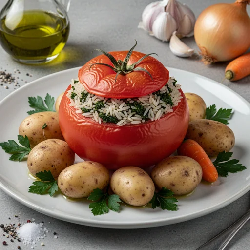 Mediterranean Stuffed Tomatoes with Herbed Rice & Potatoes finished dish
