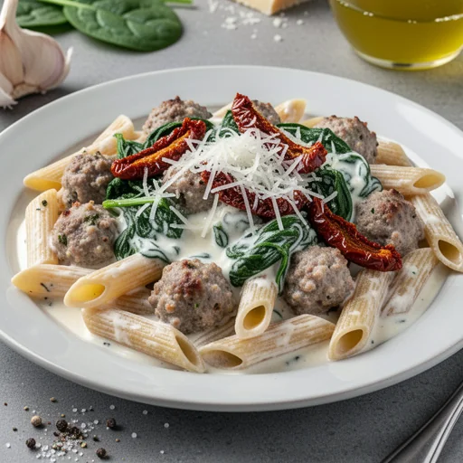 Creamy Tuscan Sausage Pasta finished dish