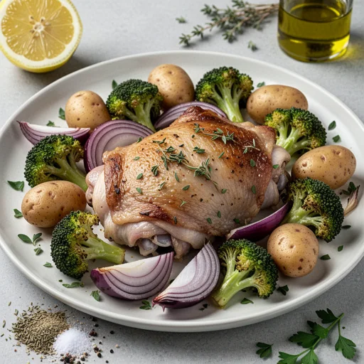 Sheet Pan Lemon Herb Chicken & Roasted Veggies finished dish