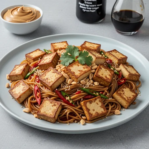 Spicy Peanut Noodles with Crispy Tofu finished dish