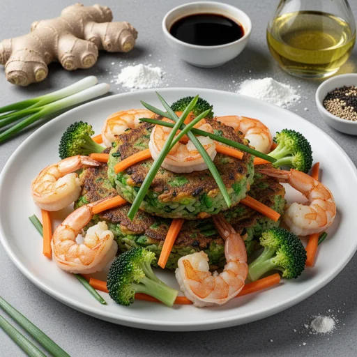 Pan-Seared Shrimp, Broccoli & Carrot Patties finished dish