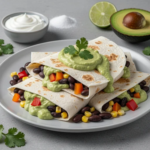 Breakfast Quesadillas with Black Beans and Avocado Crema finished dish