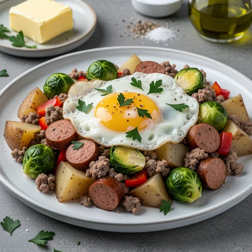 Hearty Sausage & Brussels Sprouts Hash with Fried Eggs finished dish
