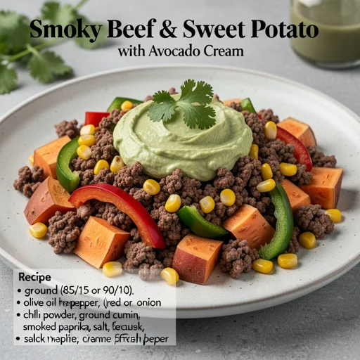 Smoky Beef & Sweet Potato Hash with Avocado Cream finished dish
