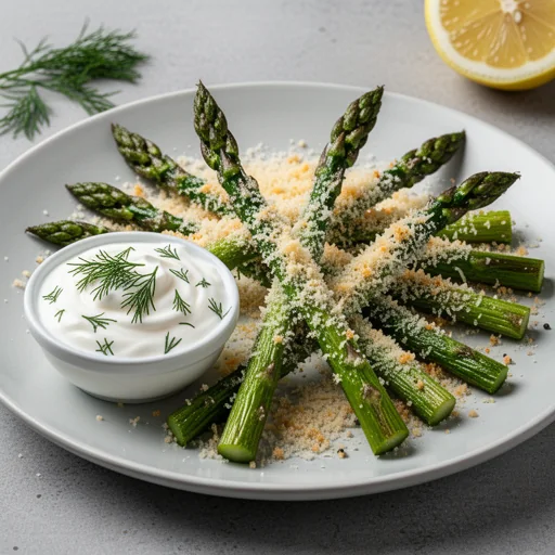 Crispy Parmesan Asparagus Fries with Creamy Dill Dip finished dish