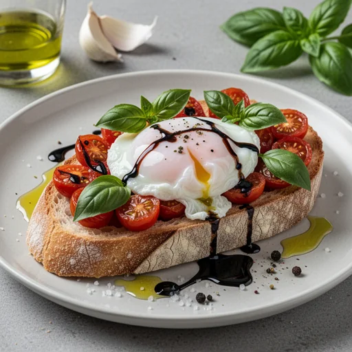 Bruschetta all'Uovo con Pomodorini e Basilico (Egg Bruschetta with Cherry Tomatoes and Basil) finished dish
