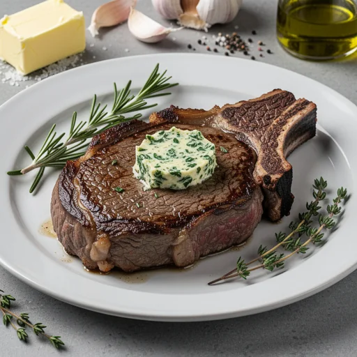 Classic Pan-Seared Ribeye with Garlic Herb Butter finished dish