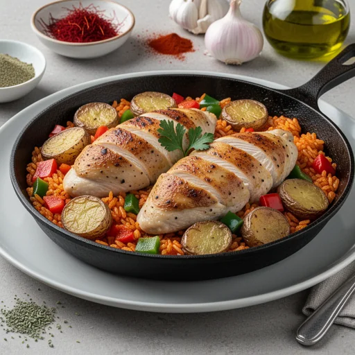 Spanish Skillet Chicken and Rice with Crispy Potatoes finished dish