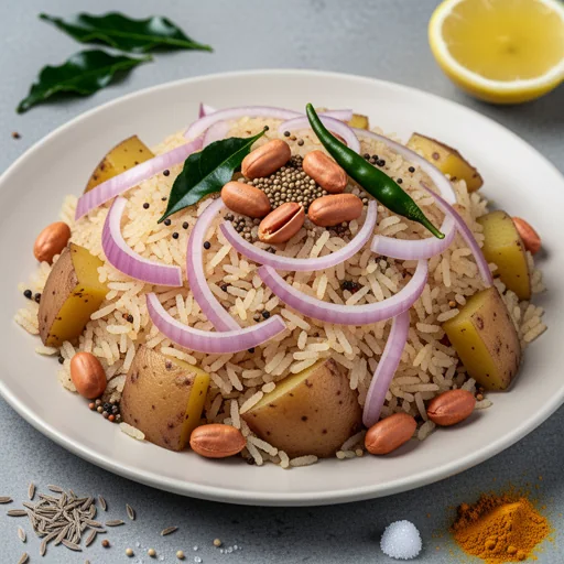 Kanda Poha (Savory Flattened Rice with Onion) finished dish