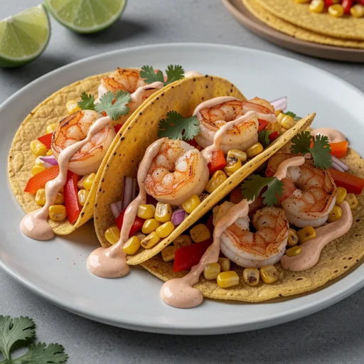 Shrimp and Roasted Corn Tacos with Spicy Crema finished dish
