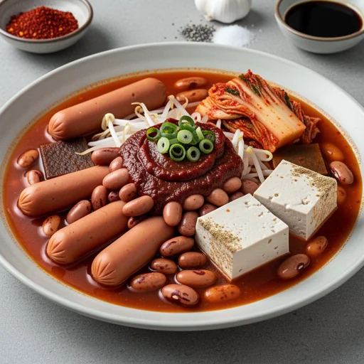 Spicy Korean Budae Jjigae (Army Stew) with Pinto Beans finished dish